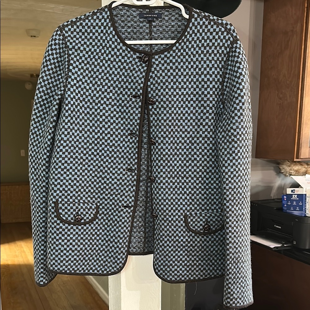 Land’s End Cropped Blue and Black Ladylike Sweater Jacket Wool